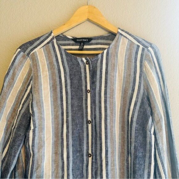 Ellen Tracy Womens Linen Blend Blue Striped 3/4 Sleeve Button Front Blouse Sz M - Picture 3 of 8